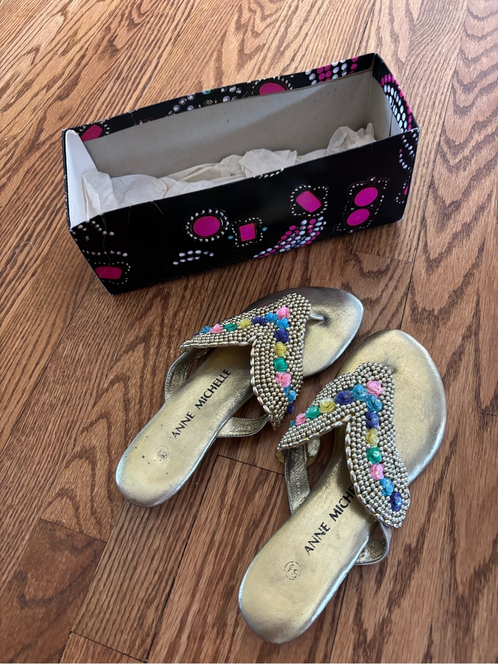 Vintage Gold Beaded Floral Thong Sandals